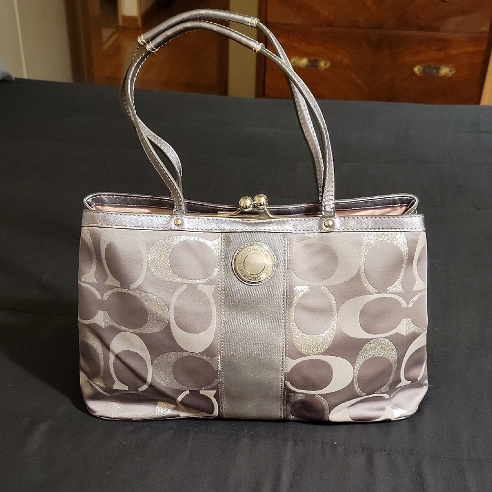Coach Kisslock Gray and Silver Metalic Bag with Signature Monogram